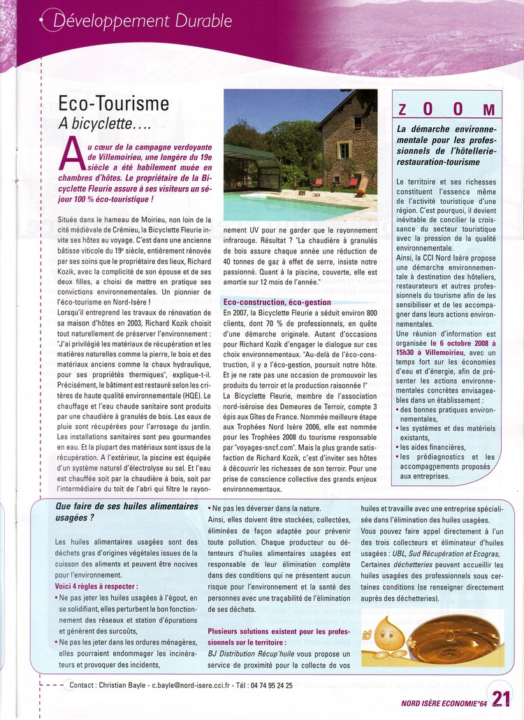 Eco-tourisme à bicyclette - Voir l'article paru dans le magazine Nord Isère économie de la CCI en octobre 2008