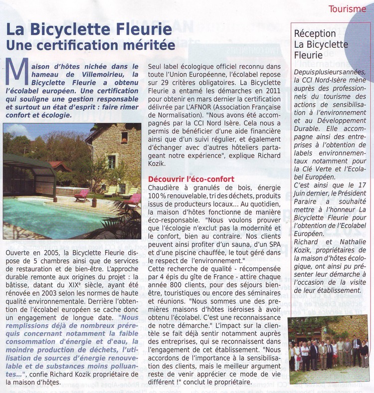 La Bicyclette Fleurie Une certification méritée - Magazine Nord Isère économie septembre 2013